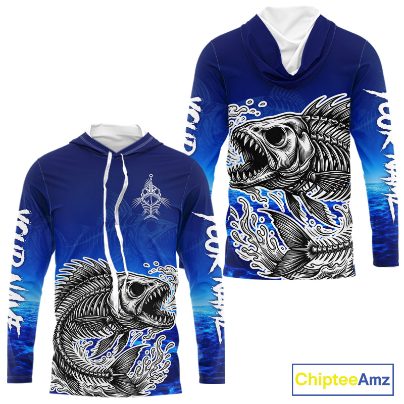 Personalized Fishing Fish Skeleton Fishing Shirts Long Sleeve Hooded, Ocean Wave Fishing Jersey NHT1353