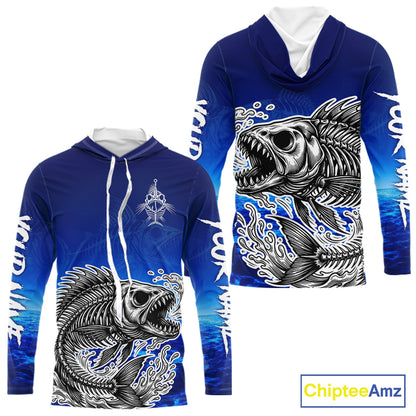 Personalized Fishing Fish Skeleton Fishing Shirts Long Sleeve Hooded, Ocean Wave Fishing Jersey NHT1353