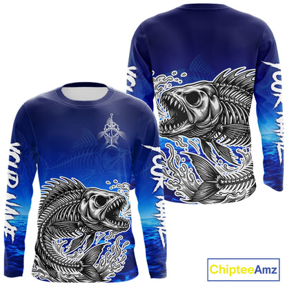 Personalized Fishing Fish Skeleton Fishing Shirts Long Sleeve, Ocean Wave Fishing Jersey NHT1353