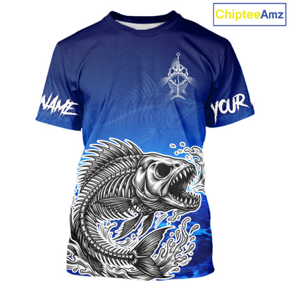 Personalized Fishing Fish Skeleton Fishing T-Shirt, Ocean Wave Fishing Jersey NHT1353