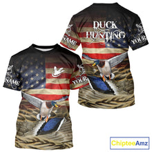 Load image into Gallery viewer, Duck Hunting Waterfowl Camo US Flag, Duck Hunting Gifts, Duck Hunting Shirt NHT294