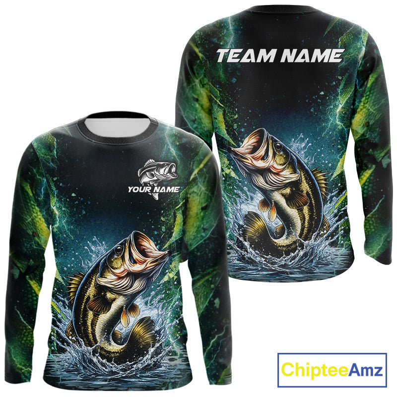 Largemouth Bass Fishing Black Green Camo Custom Name Fishing Shirts Jerseys  NHT456