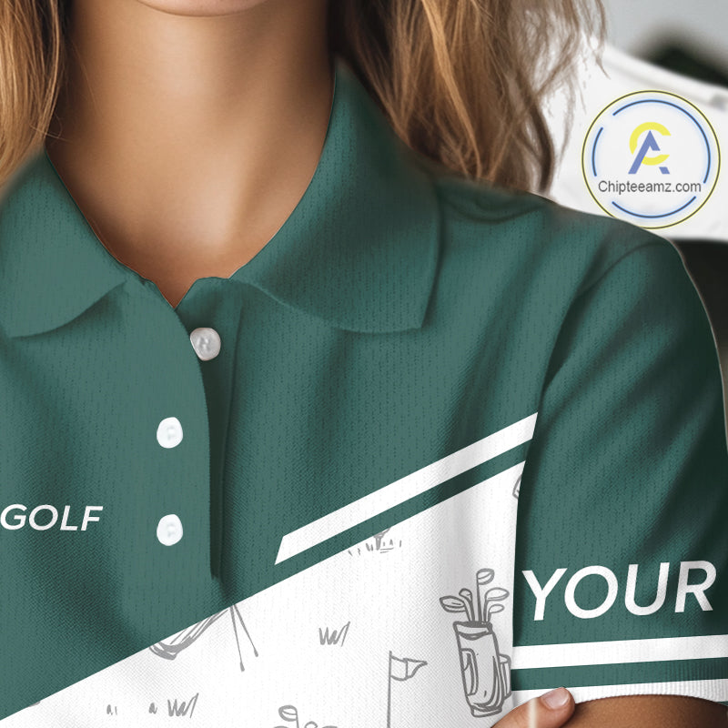 Green White Golf Pattern Womens Golf Tops Custom Ladies Golf Shirts, Green Golf Tops NHT884