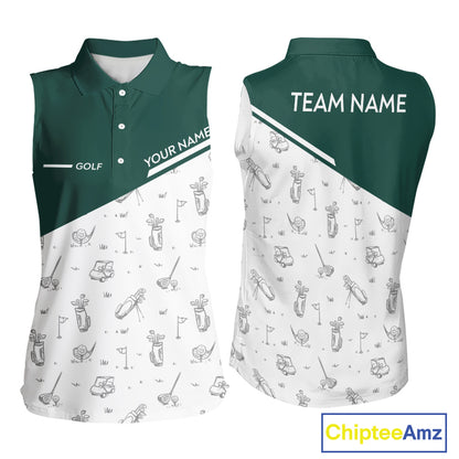 Green White Golf Pattern Sleeveless Womens Golf Tops Custom Ladies Golf Shirts, Green Golf Tops NHT884