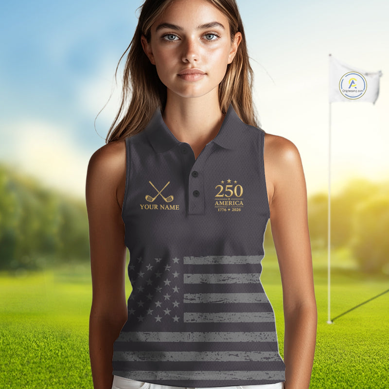 Black & Gold American Flag Sleeveless Womens Golf Polo Shirts, Golf Gifts For Team NHT887