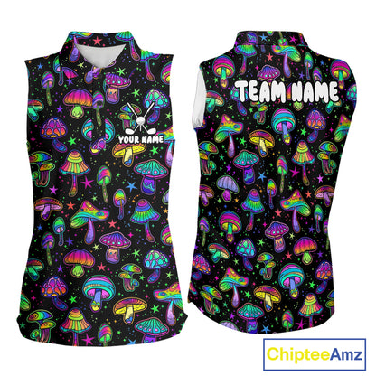 Funny Neon Mushroom Pattern Sleeveless Womens Golf Polo Shirt – Custom Name, Team Name For Golfer NHT889