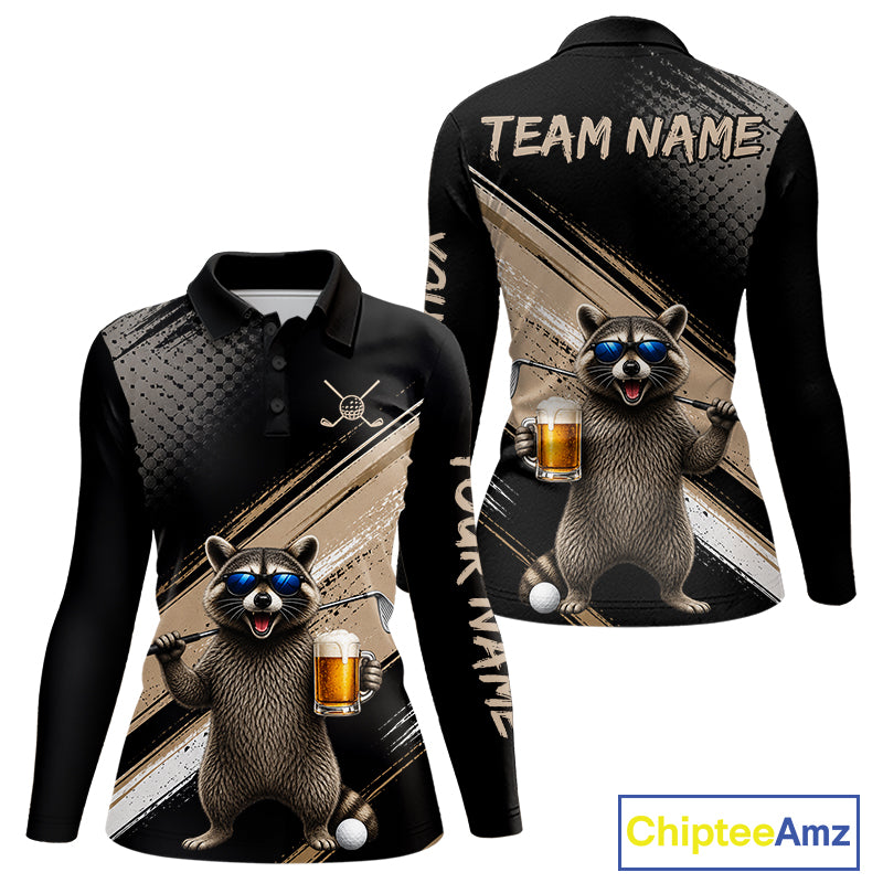 Funny Raccoon Golf Polo Shirt Custom Name Golf Beer Polo Gift For Women Black Beige Golf Jersey  NHT891