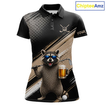 Load image into Gallery viewer, Funny Raccoon Golf Polo Shirt Custom Name Golf Beer Polo Gift For Women Black Beige Golf Jersey  NHT891