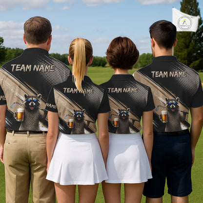 Funny Raccoon Golf Polo Shirt Custom Name Golf Beer Polo Gift For Women Black Beige Golf Jersey  NHT891
