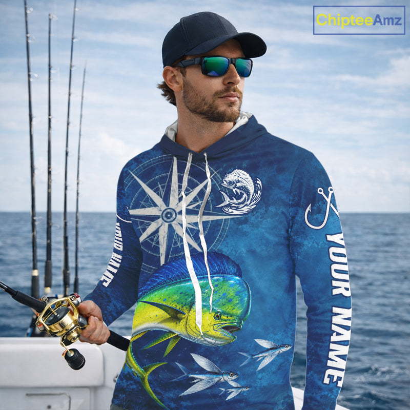 Mahi Mahi Fishing Shirt Long Sleeve Hooded Gift For Men – Deep Sea Angler Ocean Compass Design