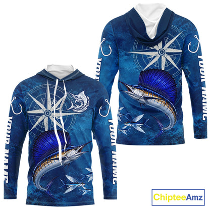 Sailfish Fishing Shirt Long Sleeve Hooded Gift For Men – Deep Sea Angler Ocean Compass Design