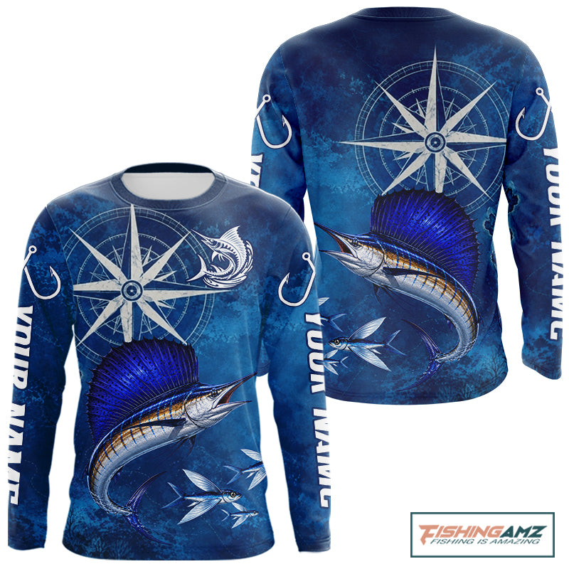 Sailfish Fishing Shirt Long Sleeve Gift For Men – Deep Sea Angler Ocean Compass Design 