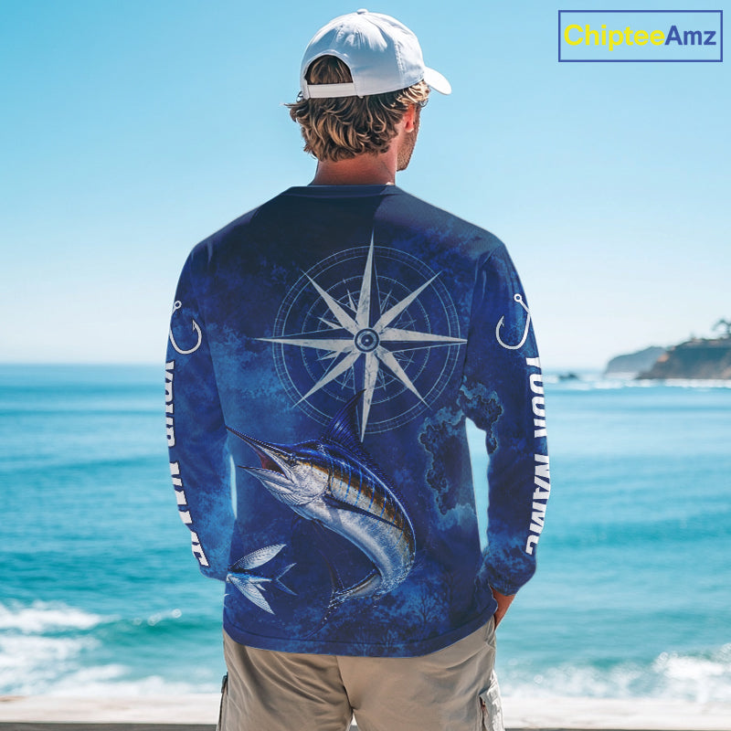 Marlin Fishing Shirt Long Sleeve Gift For Men – Deep Sea Angler Ocean Compass Design