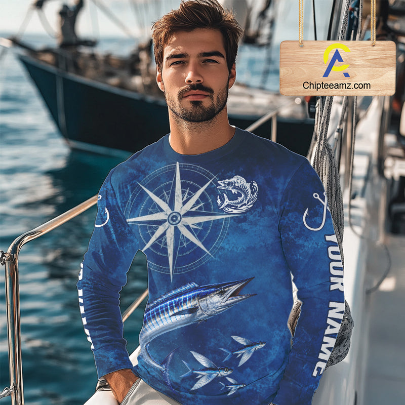 Wahoo Fishing Shirt Long Sleeve Gift For Men – Deep Sea Angler Ocean Compass Design