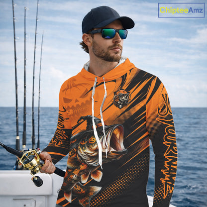 Halloween Bass Fishing Shirt, Largemouth Bass Long Sleeve Hooded Fishing Jersey, Custom Angler Gift NHT1354