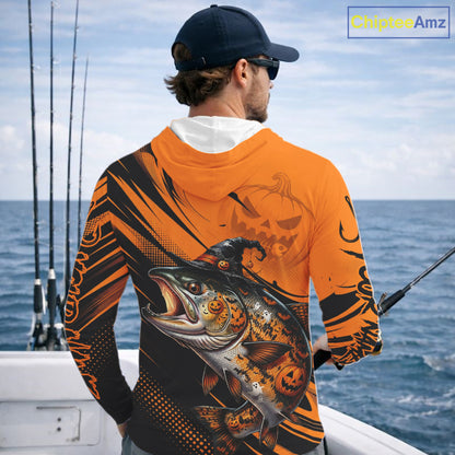 Halloween Salmon Fishing Shirt, Chinook Salmon Long Sleeve Hooded Fishing Jersey, Custom Angler Gift NHT1355