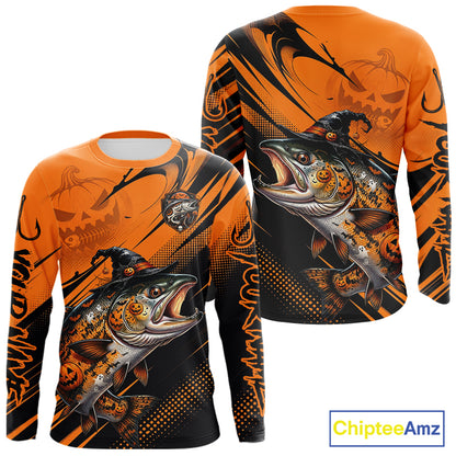 Halloween Salmon Fishing Shirt, Chinook Salmon Long Sleeve Fishing Jersey, Custom Angler Gift NHT1355