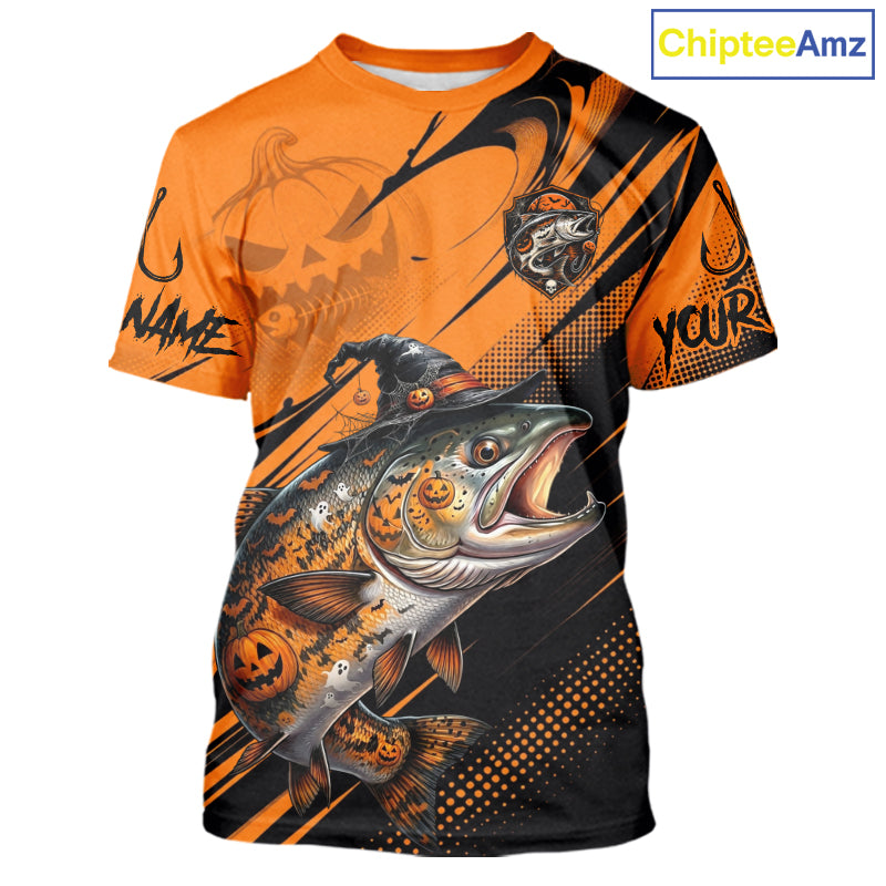 Halloween Salmon Fishing Shirt, Chinook Salmon Long Sleeve Fishing Jersey, Custom Angler Gift NHT1355