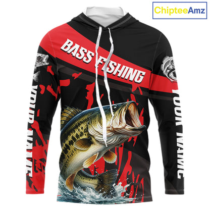 Custom Largemouth Bass Fishing Jerseys, Largemouth Bass Hooded Fishing Shirts Long Sleeve For Men|Red NHT725