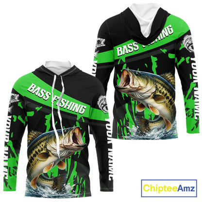 Custom Largemouth Bass Fishing Jerseys, Largemouth Bass Hooded Fishing Shirts Long Sleeve For Men|Green NHT727