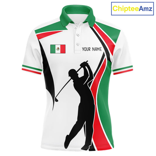 Mexican Flag White Golf Pattern Mens Polo Shirt Patriotic Mens Golf Shirt Mexico Golf Gifts NHT737