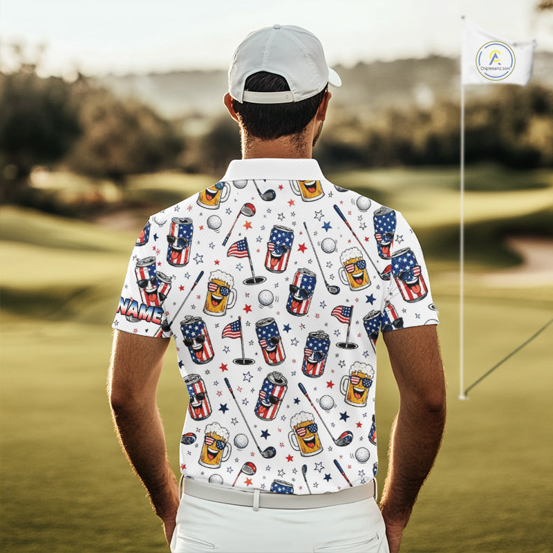 Custom Patriotic Mens Golf Polo Shirt With Beer Print – Personalized USA Golf Team Polo 