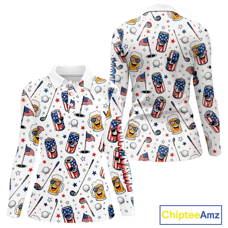 Custom Patriotic Womens Golf Polo Shirt With Beer Print – Personalized USA Golf Team Polo 
