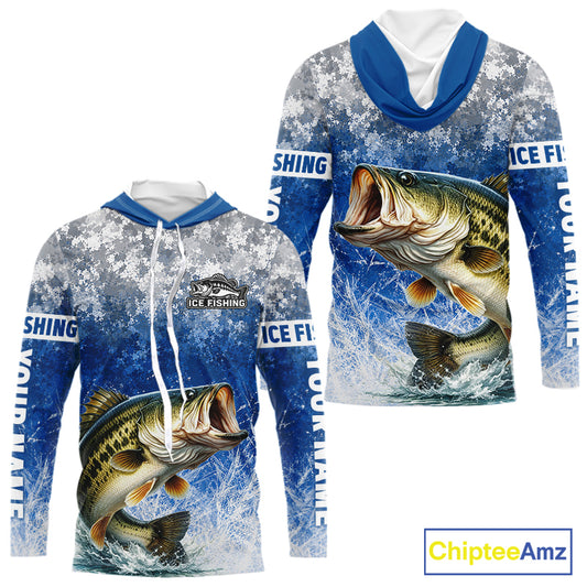 Ice Fishing Shirt With Largemouth Bass & Winter Camo Design, Fishing Shirts Hooded Long Sleeve For Men NHT1373