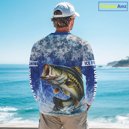 Ice Fishing Shirt With Largemouth Bass & Winter Camo Design, Fishing Shirts Long Sleeve For Men NHT1373