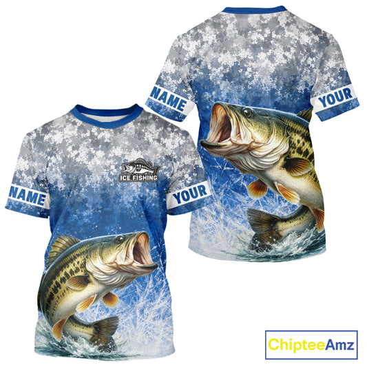 Ice Fishing Shirt With Largemouth Bass & Winter Camo Design, Fishing Shirts Short Sleeve For Men NHT1373