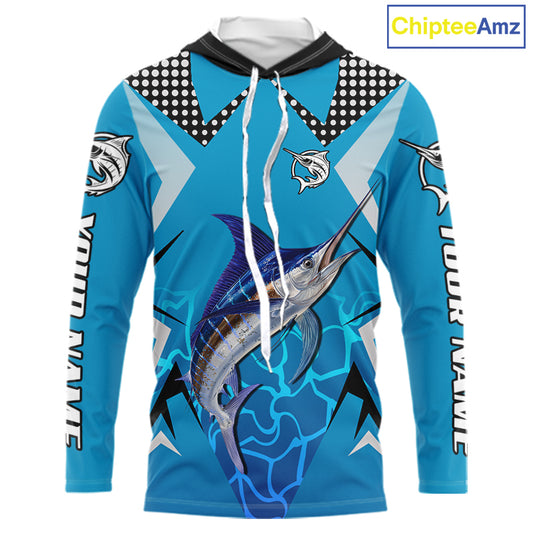 Marlin Fishing Blue Camo Custom Name Long Sleeve, Long Sleeve Fishing Shirt For Men NHT465