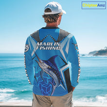 Load image into Gallery viewer, Marlin Fishing Blue Camo Custom Name Long Sleeve, Long Sleeve Fishing Shirt For Men NHT465