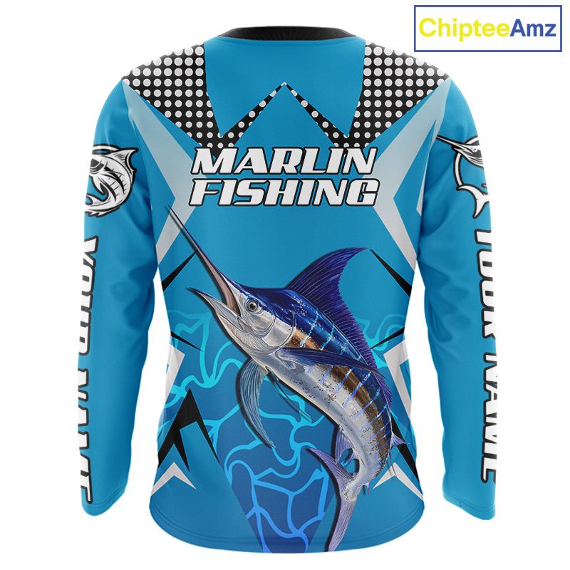 Marlin Fishing Blue Camo Custom Name Long Sleeve, Long Sleeve Fishing Shirt For Men NHT465