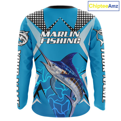 Marlin Fishing Blue Camo Custom Name Long Sleeve, Long Sleeve Fishing Shirt For Men NHT465