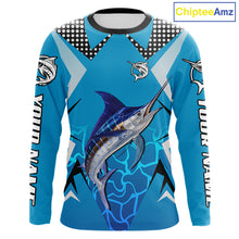 Load image into Gallery viewer, Marlin Fishing Blue Camo Custom Name Long Sleeve, Long Sleeve Fishing Shirt For Men NHT465