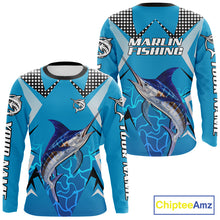 Load image into Gallery viewer, Marlin Fishing Blue Camo Custom Name Long Sleeve, Long Sleeve Fishing Shirt For Men NHT465