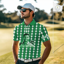 Load image into Gallery viewer, Mens Golf Polo Shirt Custom Photo Face Green Argyle Plaid Pattern, Father's Day Golfing Gifts NHT743
