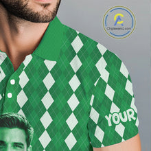 Load image into Gallery viewer, Mens Golf Polo Shirt Custom Photo Face Green Argyle Plaid Pattern, Father's Day Golfing Gifts NHT743