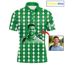 Load image into Gallery viewer, Mens Golf Polo Shirt Custom Photo Face Green Argyle Plaid Pattern, Father's Day Golfing Gifts NHT743