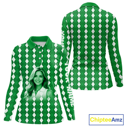Womens Golf Polo Shirt Custom Photo Face Green Argyle Plaid Pattern, Mother's Day Golfing Gifts NHT743