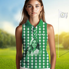 Load image into Gallery viewer, Sleeveless Womens Golf Polo Shirt Custom Photo Face Green Argyle Plaid Pattern, Mother's Day Golfing Gifts NHT743
