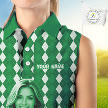 Load image into Gallery viewer, Sleeveless Womens Golf Polo Shirt Custom Photo Face Green Argyle Plaid Pattern, Mother's Day Golfing Gifts NHT743