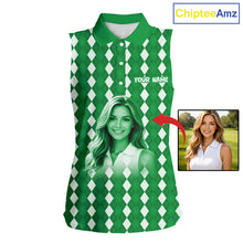 Load image into Gallery viewer, Sleeveless Womens Golf Polo Shirt Custom Photo Face Green Argyle Plaid Pattern, Mother's Day Golfing Gifts NHT743