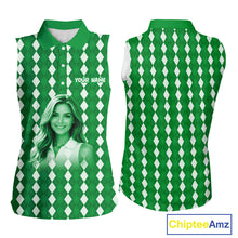 Load image into Gallery viewer, Sleeveless Womens Golf Polo Shirt Custom Photo Face Green Argyle Plaid Pattern, Mother's Day Golfing Gifts NHT743