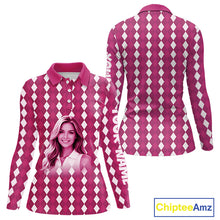 Load image into Gallery viewer, Womens Golf Polo Shirt Custom Photo Face Pink Argyle Plaid Pattern, Mother's Day Golfing Gifts NHT744