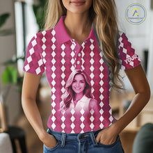 Load image into Gallery viewer, Womens Golf Polo Shirt Custom Photo Face Pink Argyle Plaid Pattern, Mother's Day Golfing Gifts NHT744