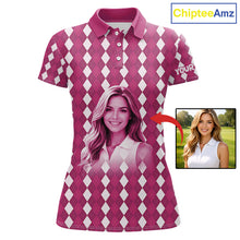 Load image into Gallery viewer, Womens Golf Polo Shirt Custom Photo Face Pink Argyle Plaid Pattern, Mother's Day Golfing Gifts NHT744