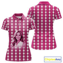 Load image into Gallery viewer, Womens Golf Polo Shirt Custom Photo Face Pink Argyle Plaid Pattern, Mother's Day Golfing Gifts NHT744