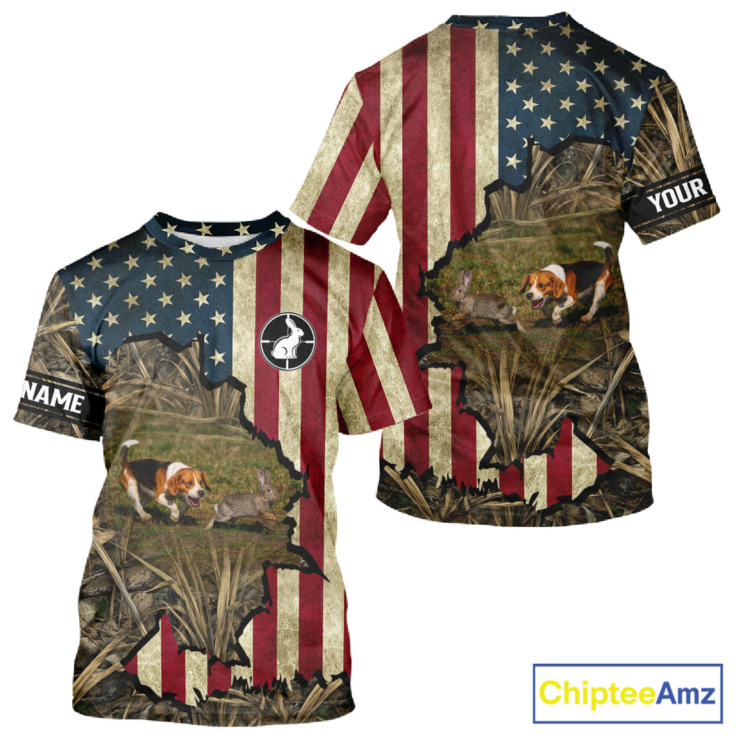 Beagle Dog Chasing Rabbit 3D American Flag Camo Custom Name Shirt, Rabbit Hunting Clothing NHT230