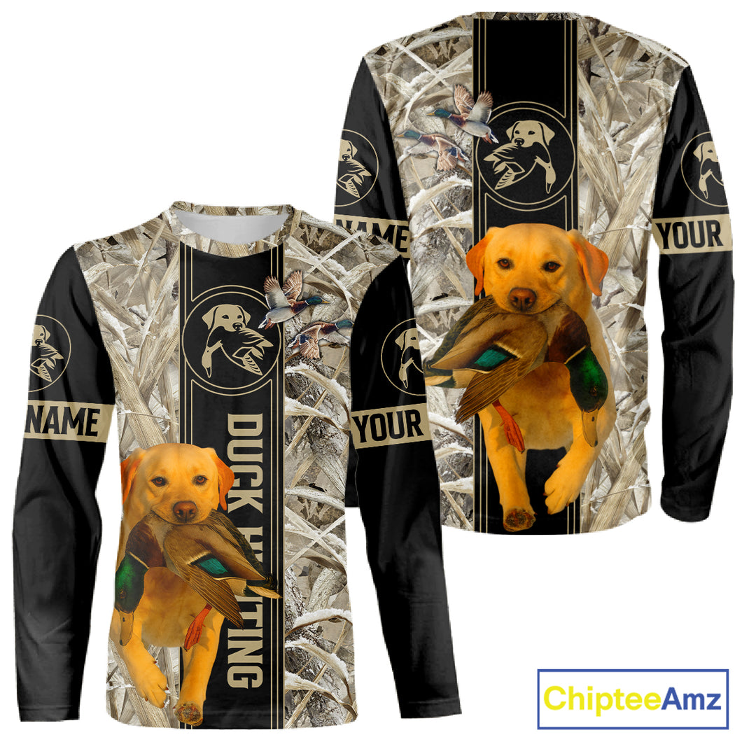 Yellow Lab Mallard Duck Hunting Winter Camo 3D Shirt, Custom Name Waterfowl Hunting Clothes NHT232